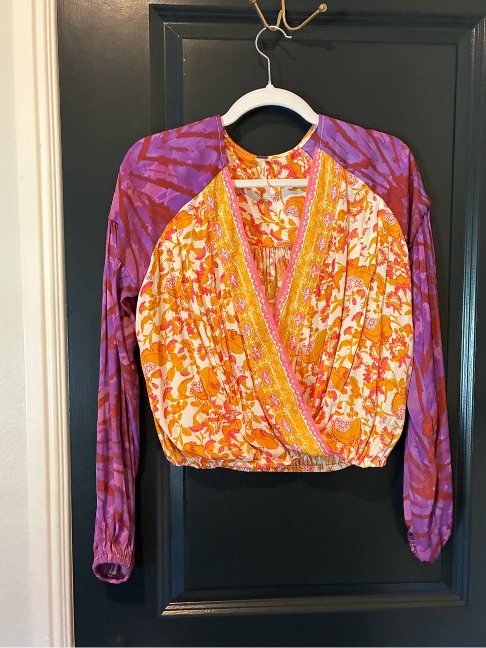 Free People Boho Floral Wrap-Front Long Sleeve Top in Orange & Purple